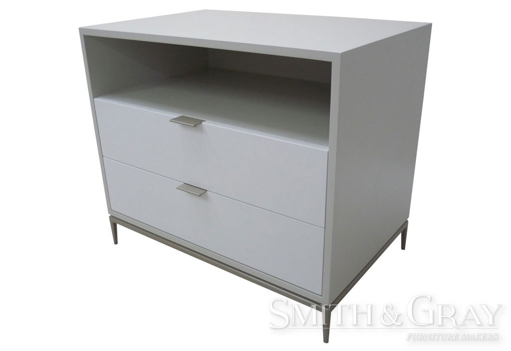 White 2 toned bedside table in 2 pak with feature steel base and soft