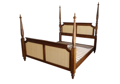 Cherry wood four post king bed with rattan inlays