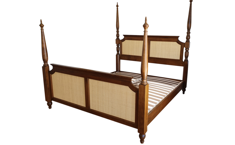 Cherry wood four post king bed with rattan inlays