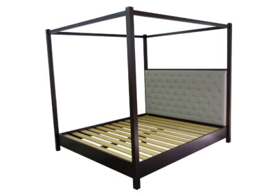 Stained mahogany four poster bed with deep buttoned upholstery bedhead