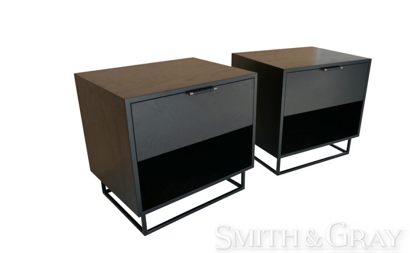 Custom made modern bedside tables with herringbone drawer fronts