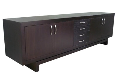 clean dark stained cabinet with modern steel handles